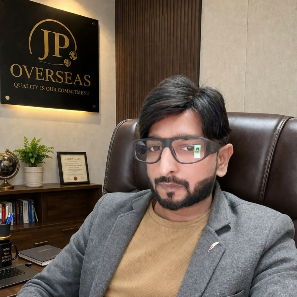 Man seated in an office chair at a desk, wearing glasses and a grey blazer over a tan sweater, with a JP OVERSEAS sign on the wall behind him.