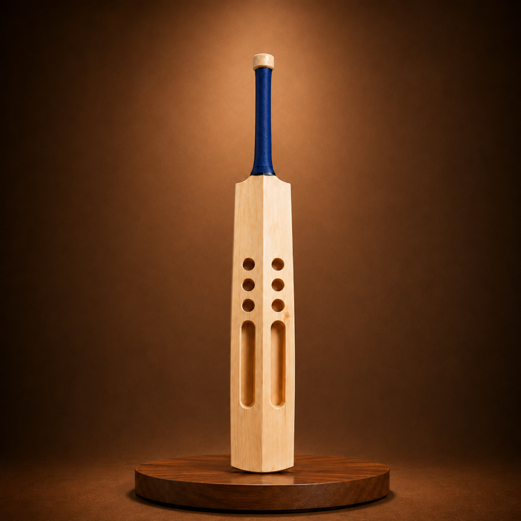 Tall wooden sculpture resembling a bat with a blue grip, displayed on a round pedestal.