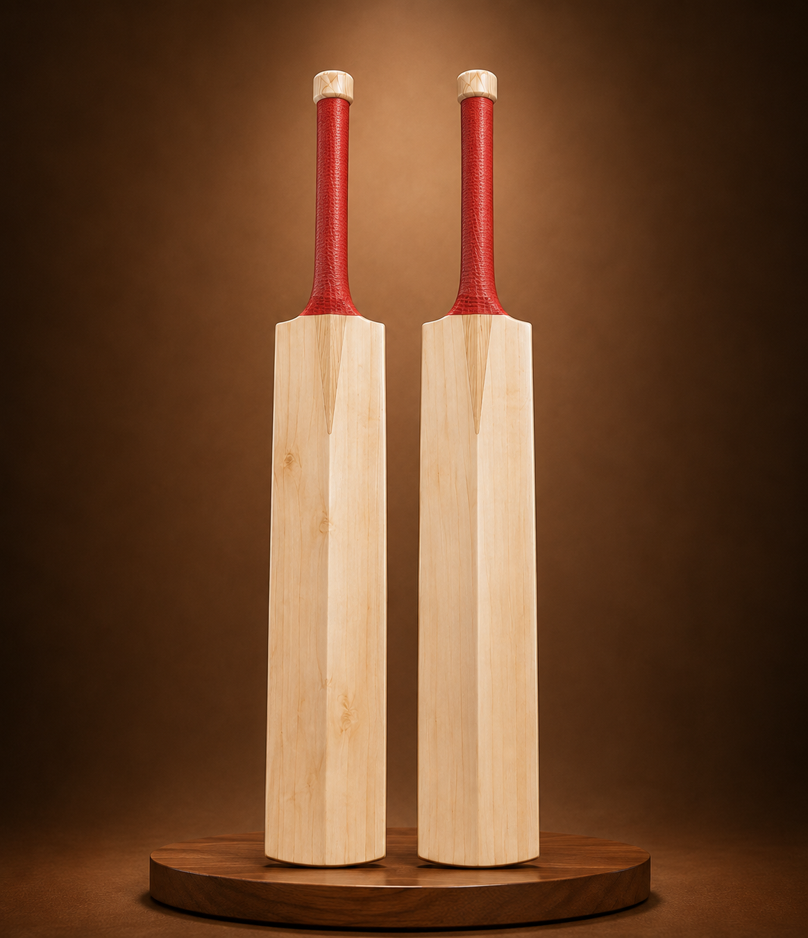 Two cricket bats with red handles stand upright on a round wooden display base against a brown backdrop, ready for use or display,