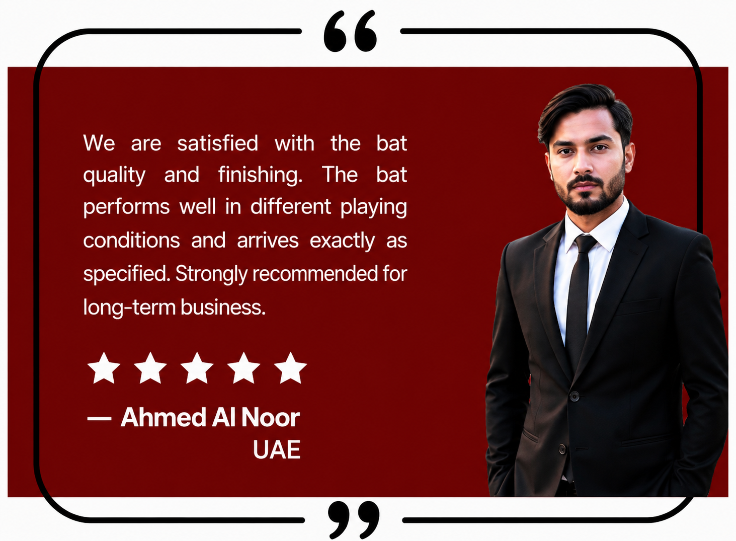 Testimonial card with a maroon background, white quote, five stars, and 'Ahmed Al Noor UAE'; man in a dark suit on the right.