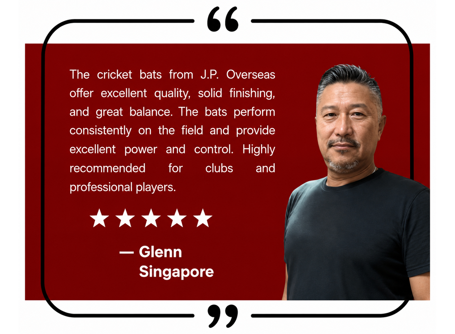 Testimonial card with white quote on red background, five stars, attribution '— Glenn Singapore', and a portrait of a man on the right; decorative quotation marks frame the card.