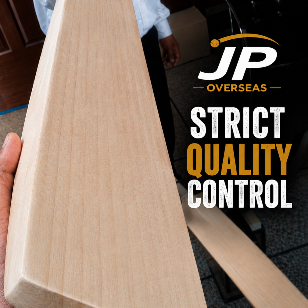 Close-up of a light wooden cricket bat being held, with JP Overseas branding and the words 'STRICT QUALITY CONTROL' on the right.
