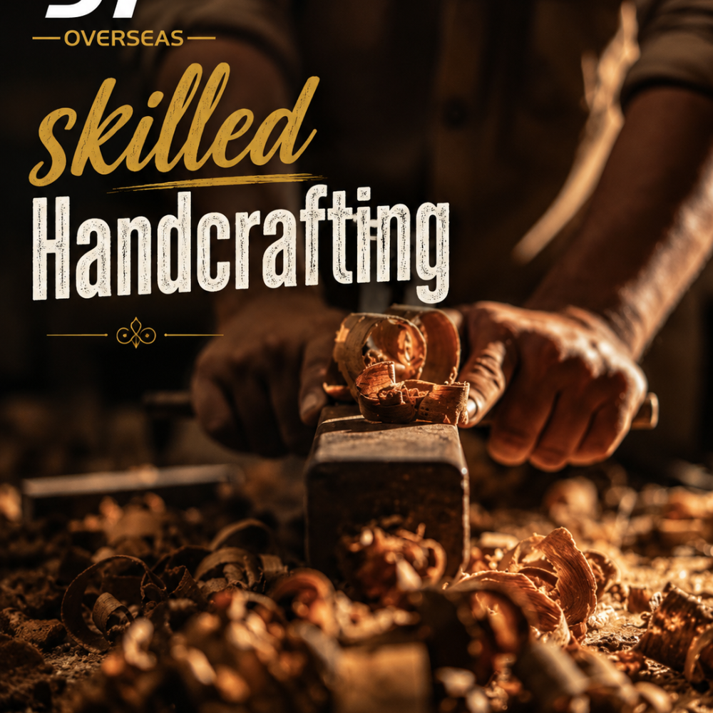 Hands carving wood on a bench with curls of wood shavings, overlaid by the words 'skilled Handcrafting' and a JP Overseas logo in the corner.