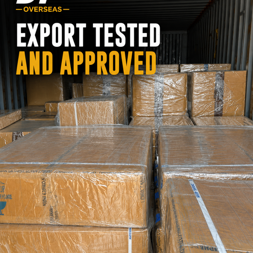 Boxes wrapped in plastic stacks inside a cargo container; overlaid text reads 'EXPORT TESTED AND APPROVED' with a JP Overseas logo