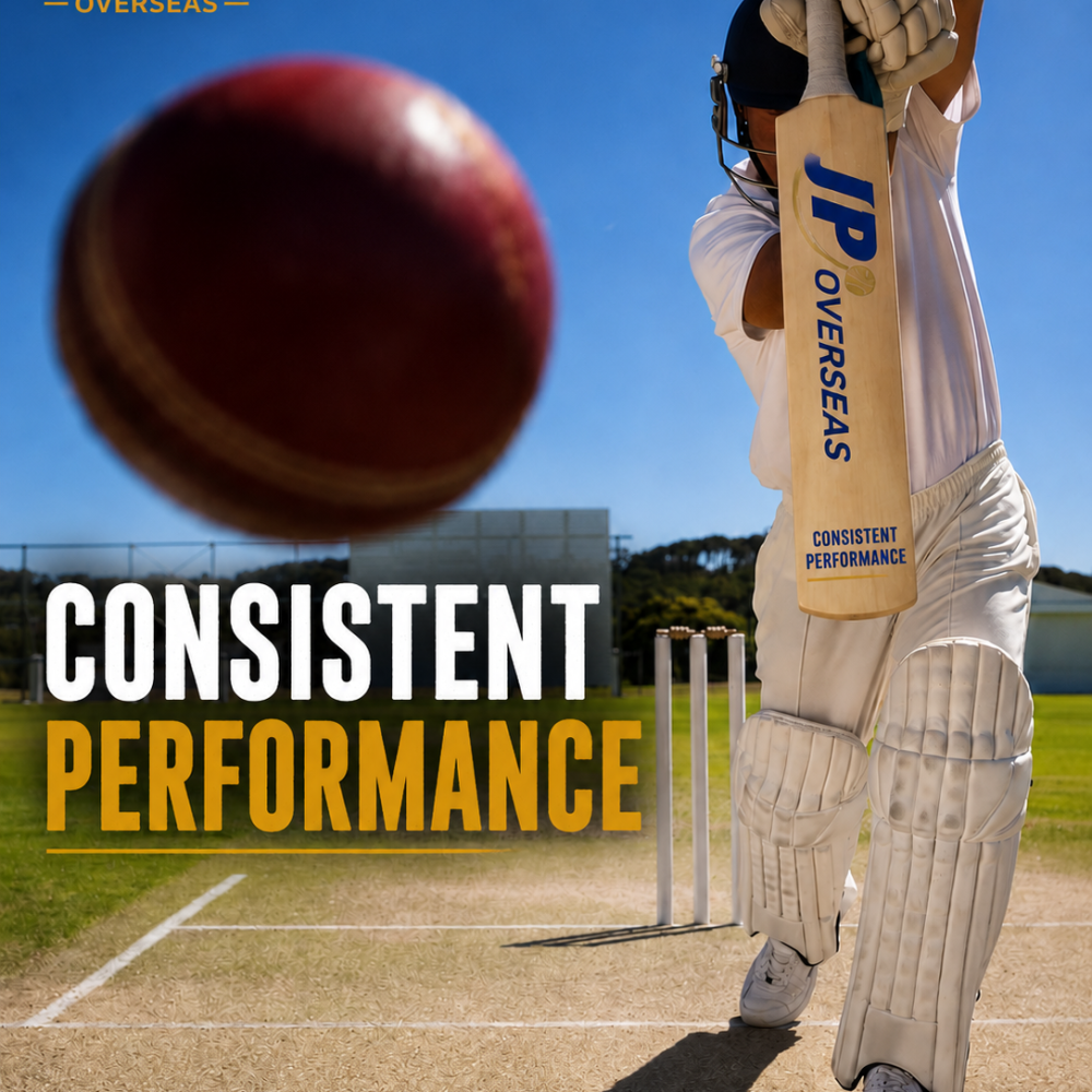 Cricketer in white pads swings a JP Overseas bat as a ball rushes toward the stumps on a sunny cricket field, with the headline 'Consistent Performance' overlaid.